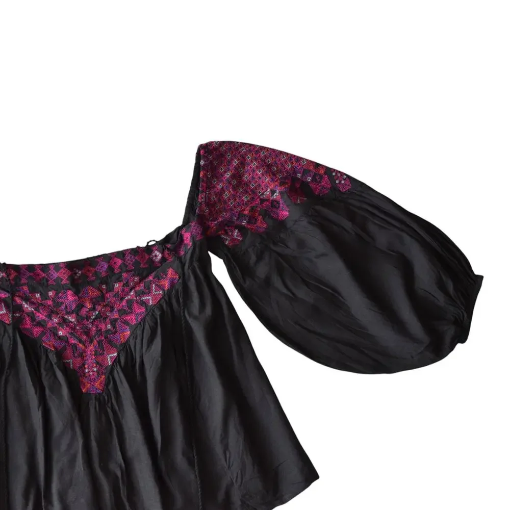 Free People Embroidered Peasant Top Black Boho Puff Sleeve S